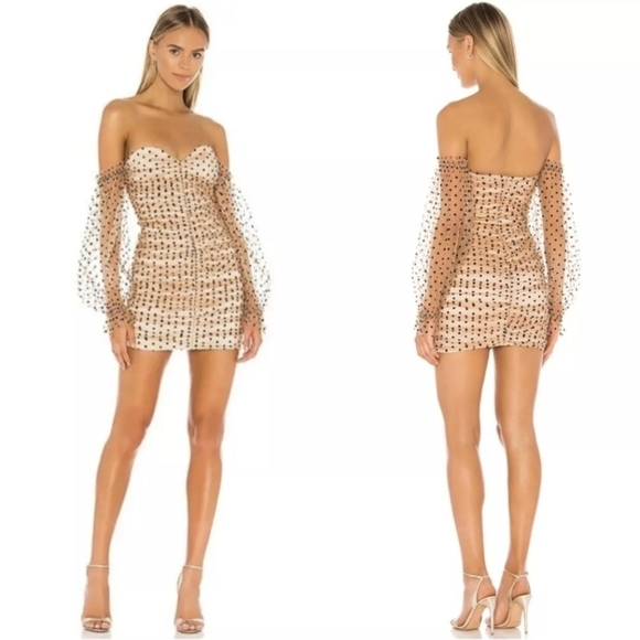 MAJORELLE Tan And Black Polka Dots Ruched Bodycon Mini Off The Shoulder Dress S - Picture 2 of 10
